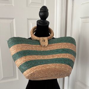 Handmade Paper Straw Green and Tan Striped Tote